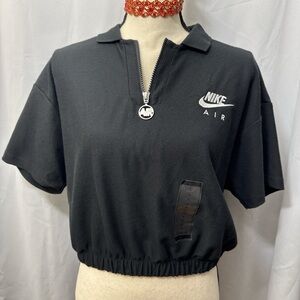 Women's Nike AIR Black  Short Sleeve LOOSE Fit 1/4 Zip Crop Gathered Waist Shirt